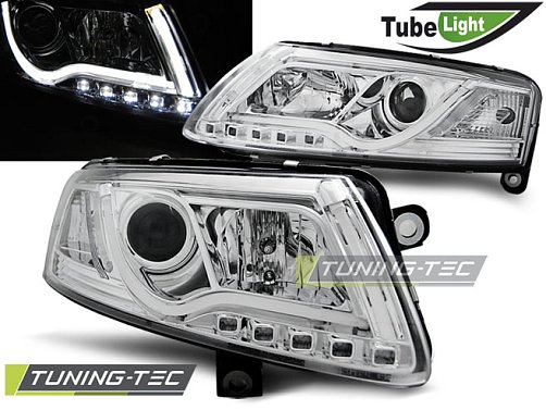 Přední čirá LED světla Audi A6 (2004 - 2008) - Tube Light - chromované